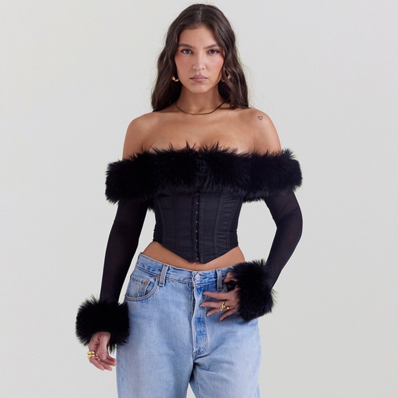 NEW House of CB Merle Faux Fur Trim Top Black XS - Picture 7 of 15